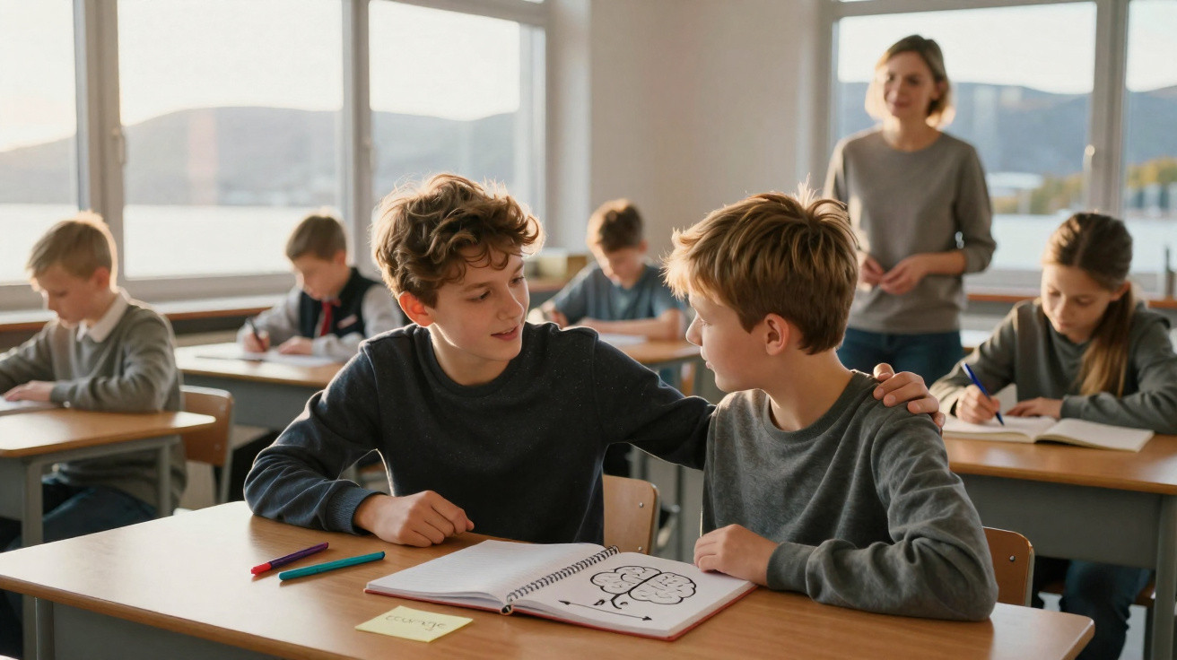 Zwei Jungen im Klassenzimmer, einer beruhigt den anderen, während andere Schüler lernen, Lehrerin im Hintergrund.