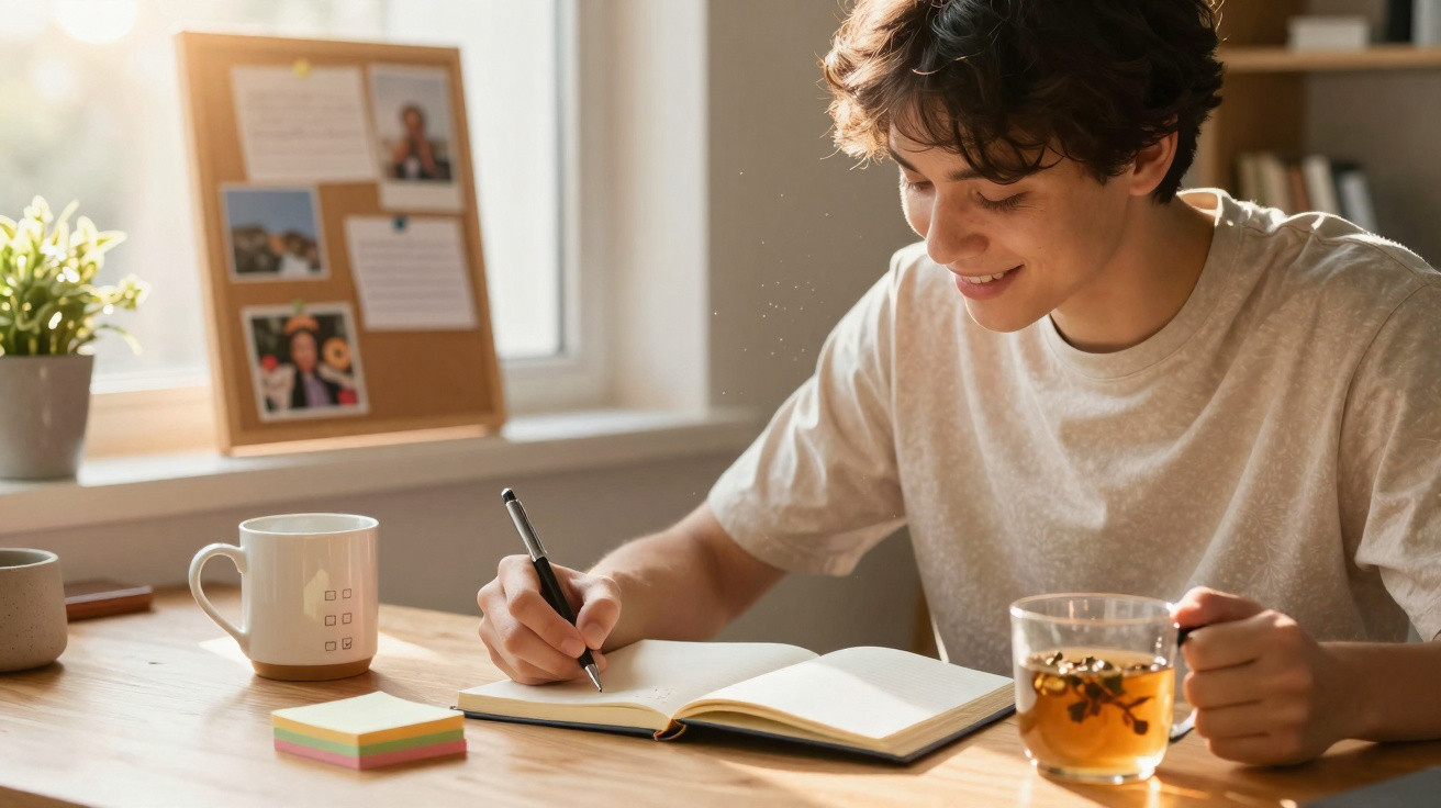 Junger Mann sitzt am Tisch, schreibt in ein Notizbuch und hält eine Tasse Tee in der Hand.
