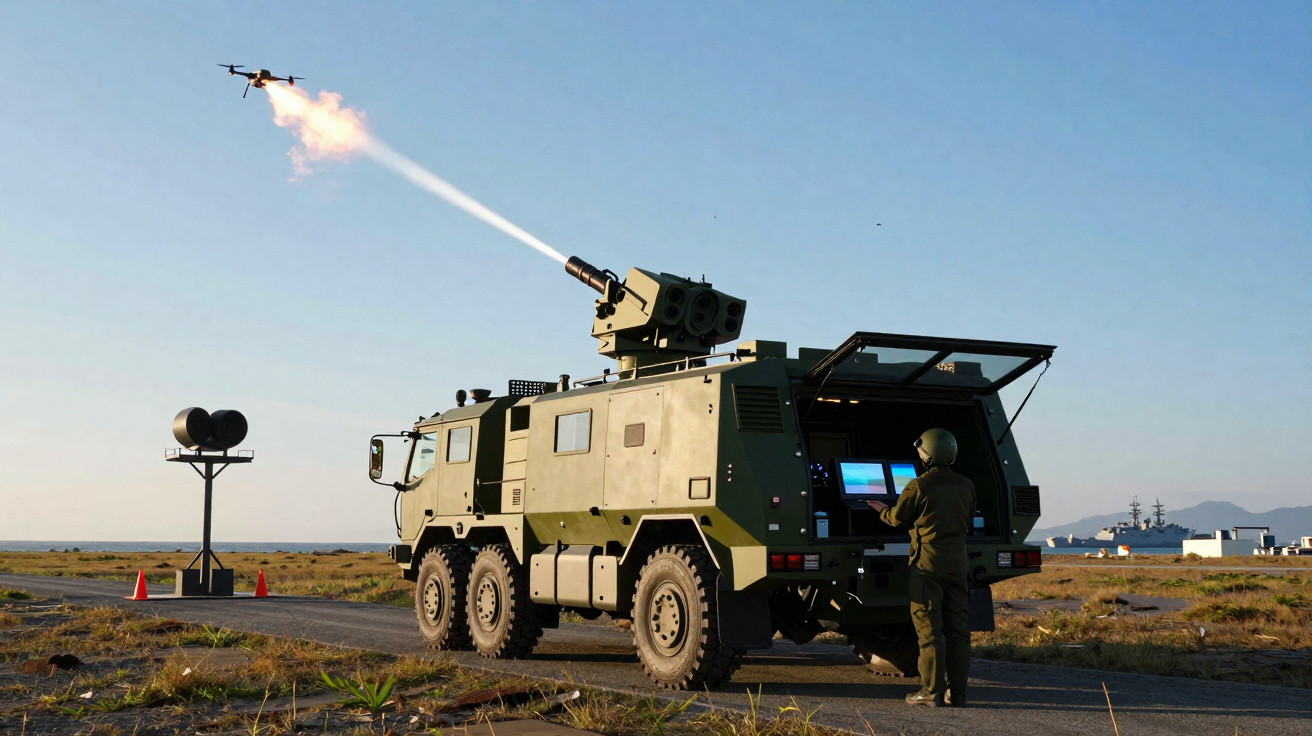 Militärfahrzeug feuert Rakete auf Drohne ab, Soldat bedient Steuerung im Freien bei klarem Himmel.