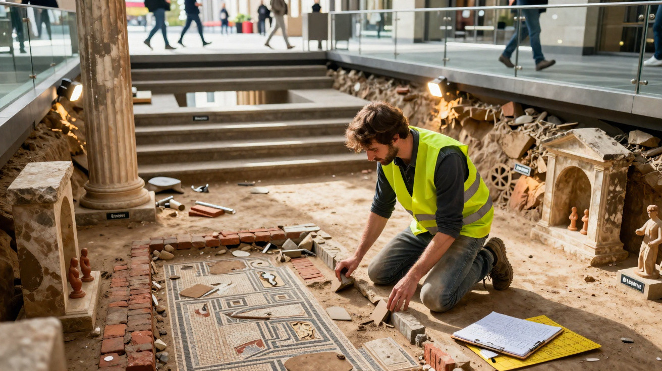 Archäologe in Warnweste untersucht antike Mosaikreste bei einer Ausgrabung in Innenraum mit Besuchern.