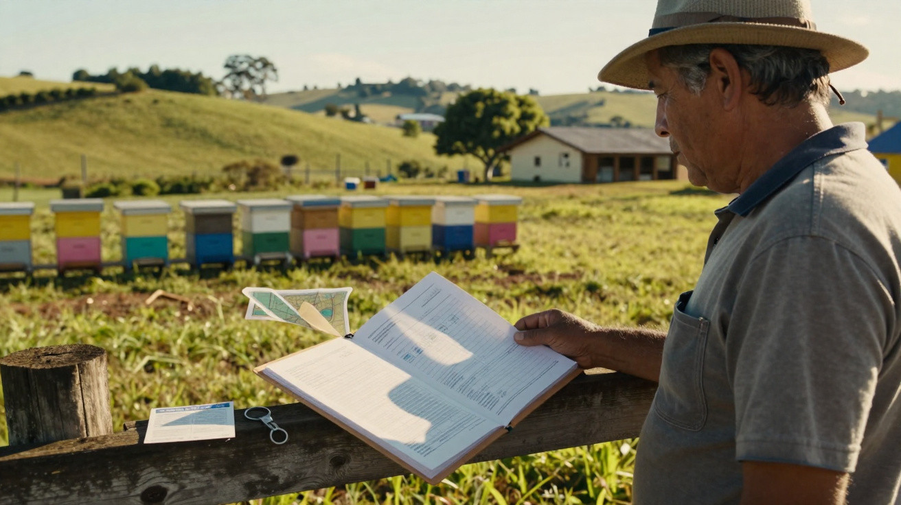 Imker mit Hut liest in Notizbuch vor bunten Bienenstöcken auf sonnenbeschienener Wiese auf dem Land.