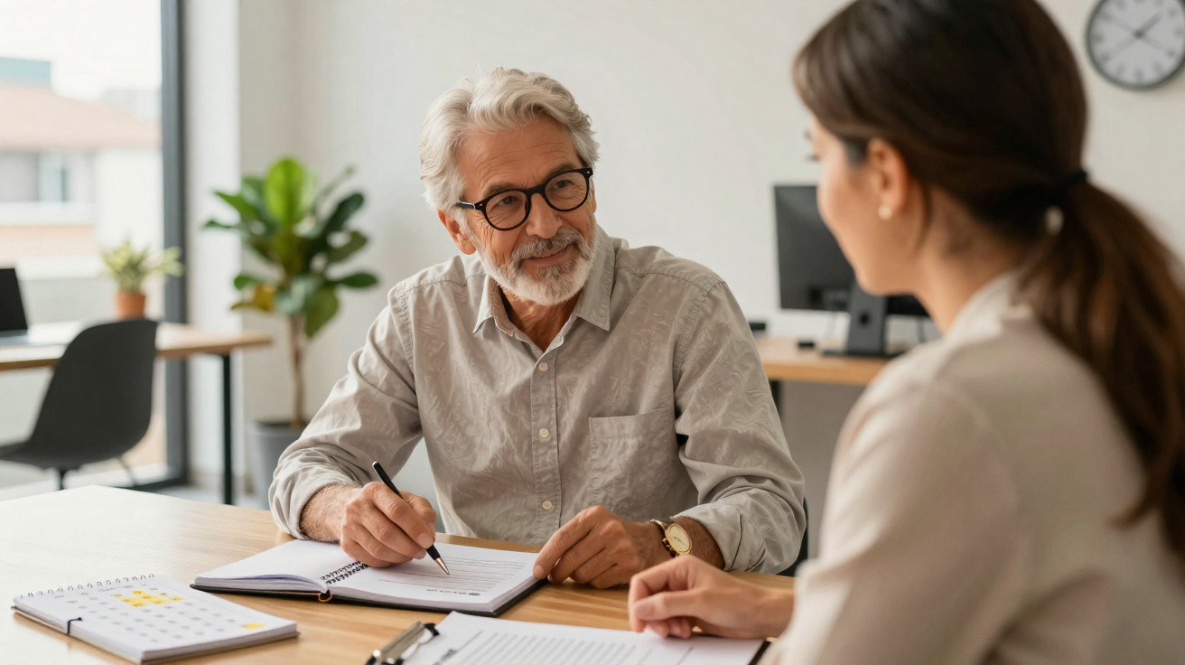 Älterer Mann mit Brille und Frau im Gespräch bei Besprechung mit Notizbüchern im Büro.
