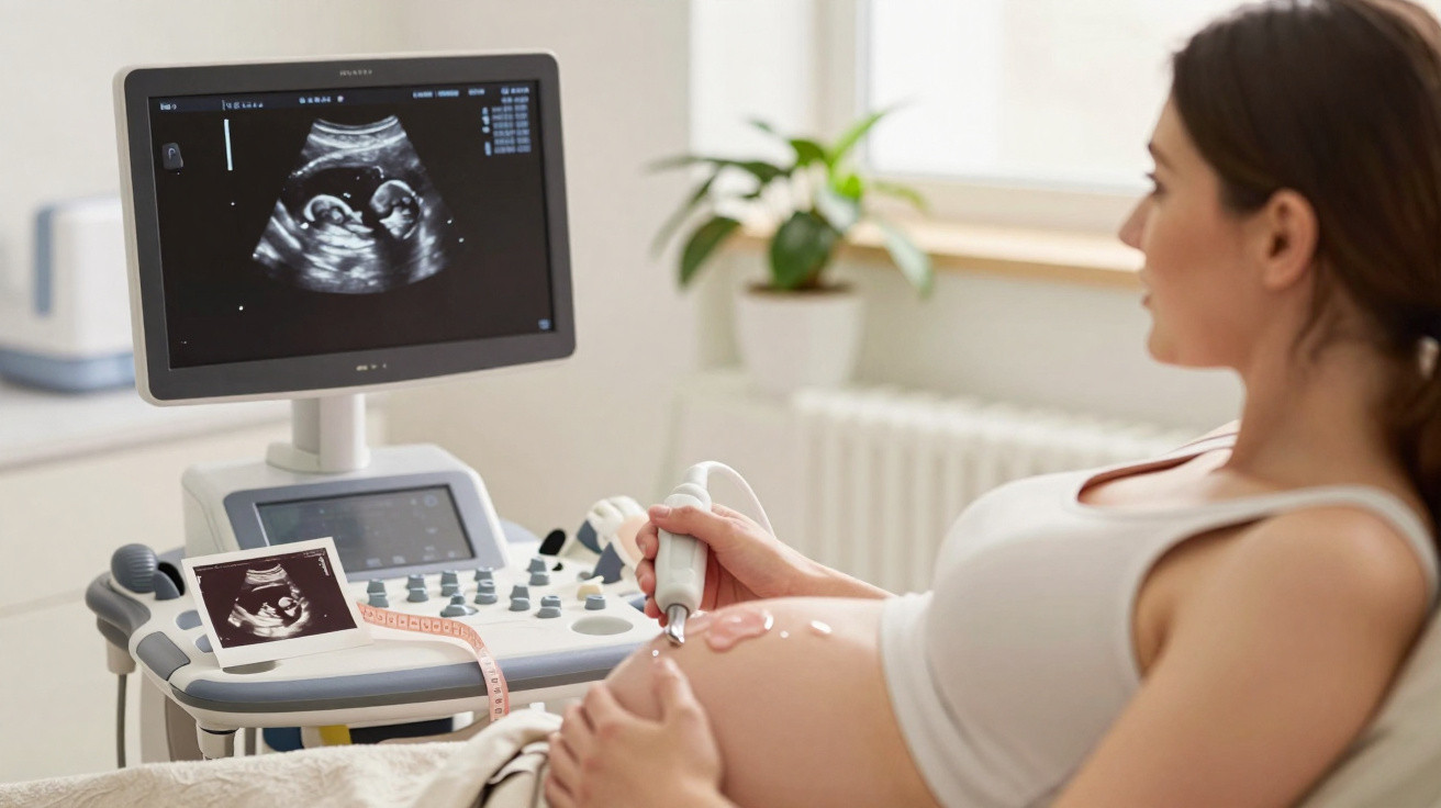 Schwangere Frau bei Ultraschalluntersuchung mit Babybild auf Monitor in heller Praxis.
