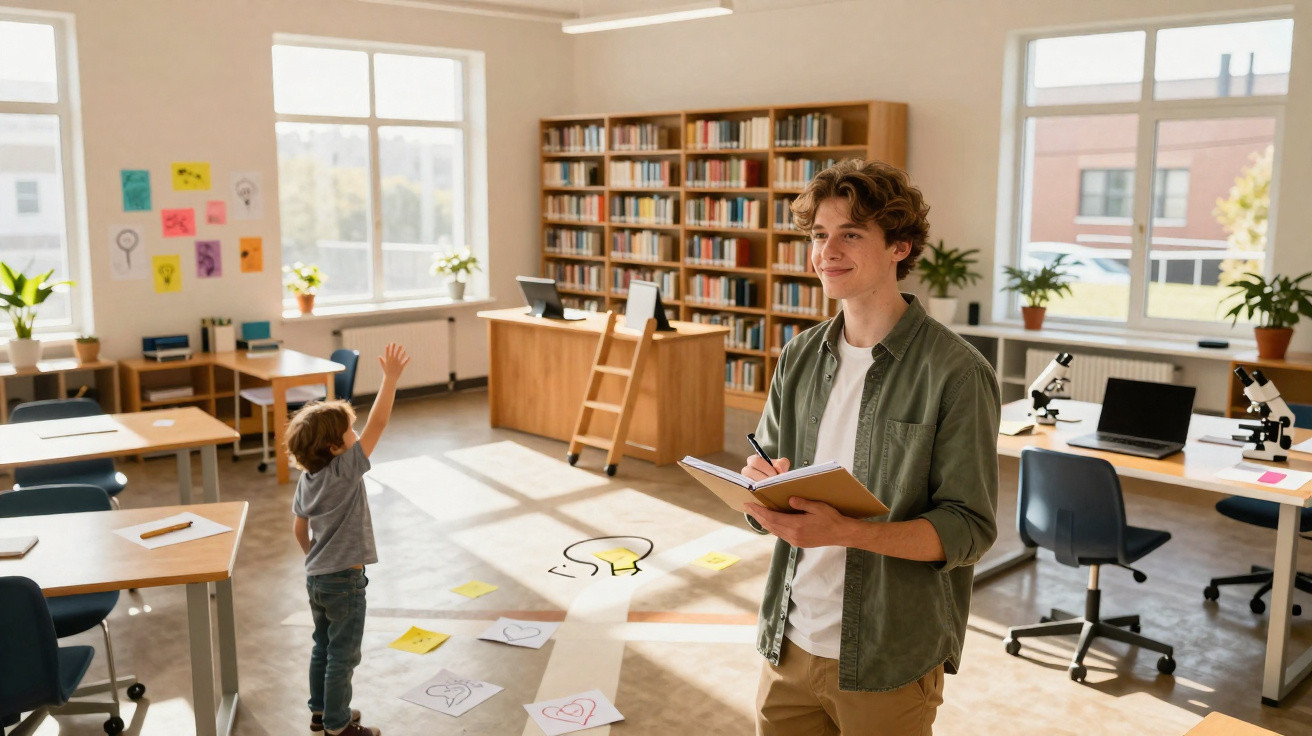 Junger Mann mit Notizbuch in moderner Bibliothek, Kind hebt Arm in hell erleuchtetem Raum mit Schreibtischen und Mikroskopen.