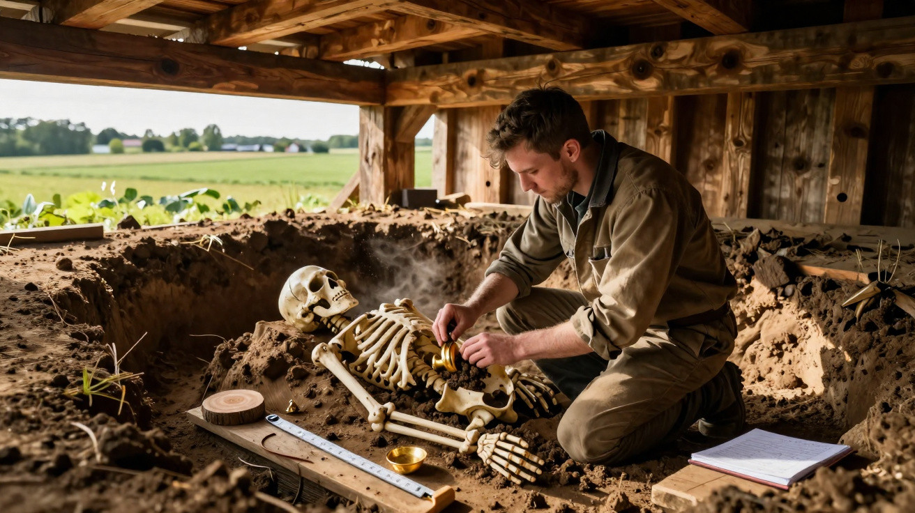 Archäologe untersucht Skelett in Ausgrabungsstätte unter Holzdach auf dem Land.