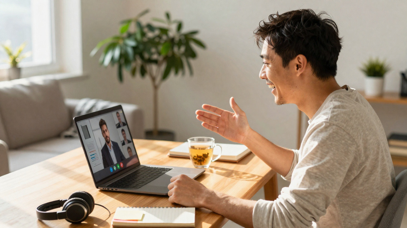 Mann führt Videokonferenz zuhause, sitzt am Tisch mit Laptop, Notizblock und Tasse Tee, lächelt und spricht.