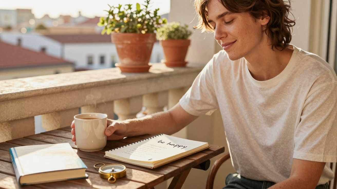Junger Mann sitzt auf Balkon, trinkt Kaffee und liest Notizen mit Text "be happy" bei Sonnenlicht.