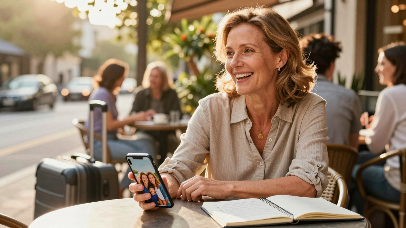 Fröhliche Frau sitzt im Straßencafé, hält Smartphone mit Familienfoto, auf dem Tisch ein geöffnetes Notizbuch.