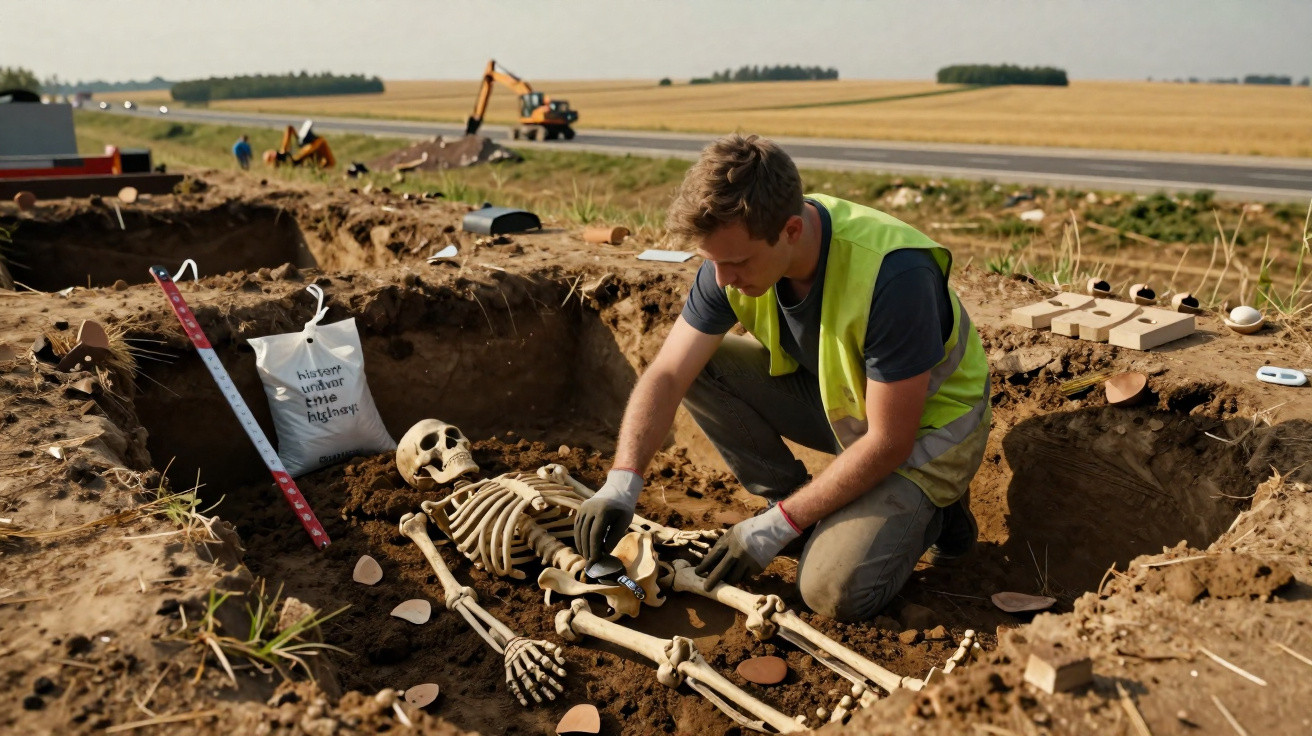 Archäologe untersucht menschliches Skelett bei Ausgrabung auf offenem Feld in der Nähe einer Straße.