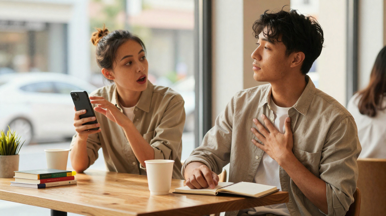 Junge Frau zeigt auf Smartphone und spricht mit überrascht wirkendem jungen Mann in Café.