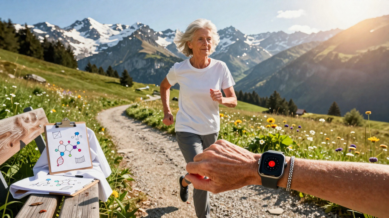 Ältere Frau joggt auf Bergwanderweg, im Vordergrund Arm mit Smartwatch, sonnige Alpenlandschaft im Hintergrund.