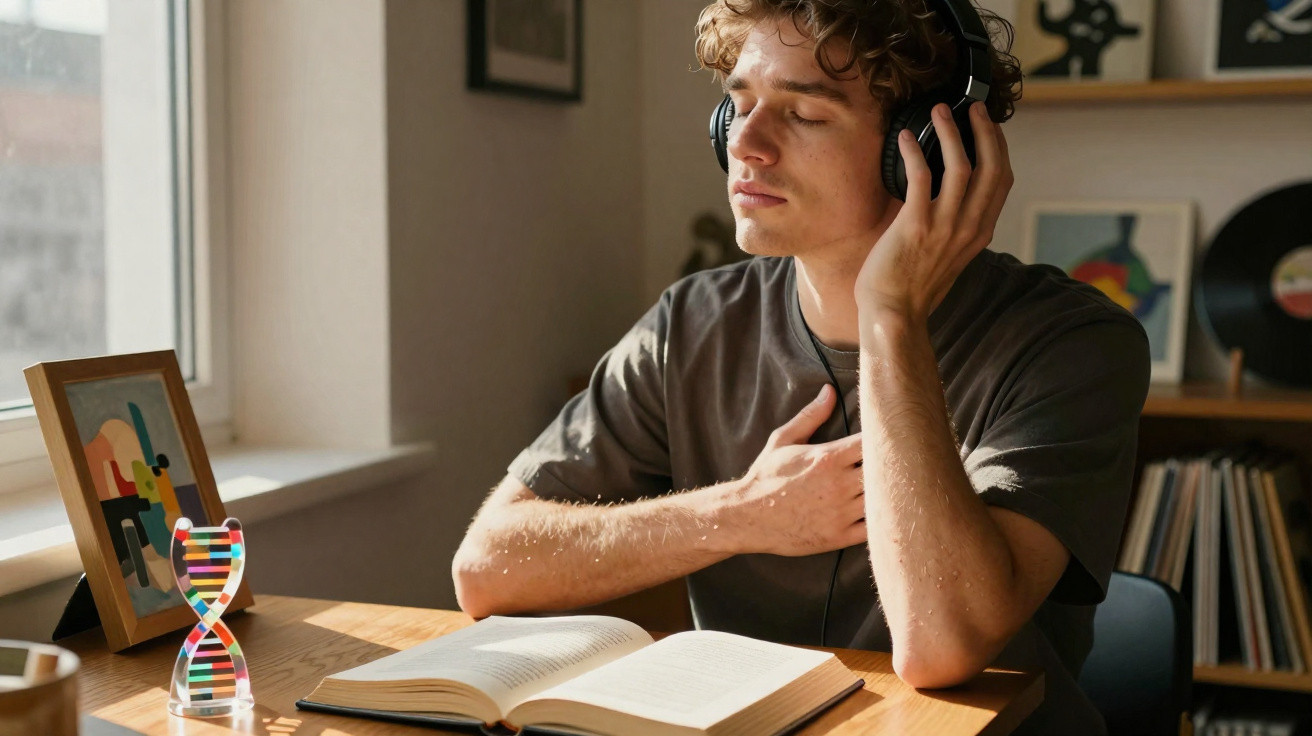 Junger Mann hört mit geschlossenen Augen Musik über Kopfhörer am Tisch mit Buch und DNA-Modell.