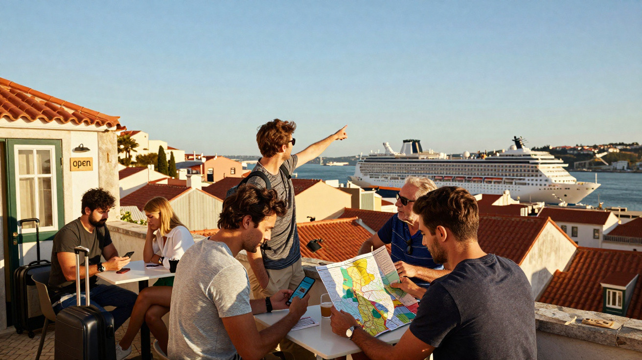Gruppe junger Touristen auf Dachterrasse mit Stadtkarte und Kreuzfahrtschiff im Hafen im Hintergrund.