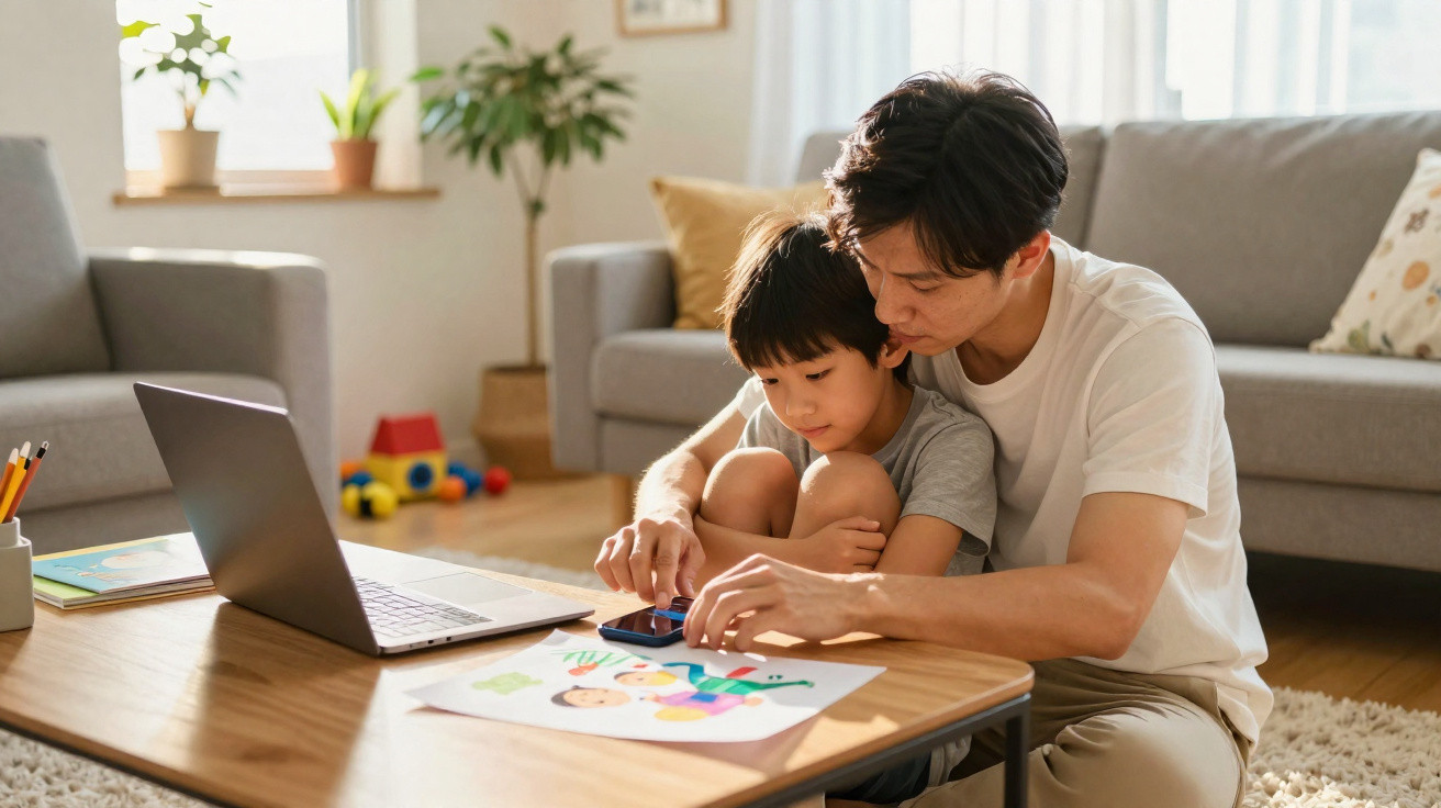 Vater und Sohn sitzen am Couchtisch, nutzen ein Smartphone und haben einen Laptop und eine Zeichnung vor sich.