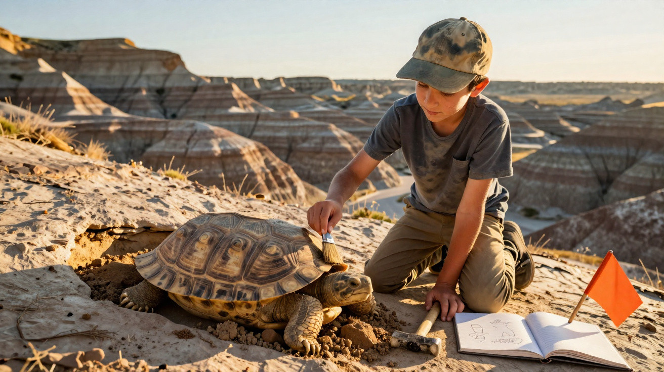 Junge putzt mit Pinsel eine große Schildkröte in einer felsigen Wüstenlandschaft mit Skizzenbuch.