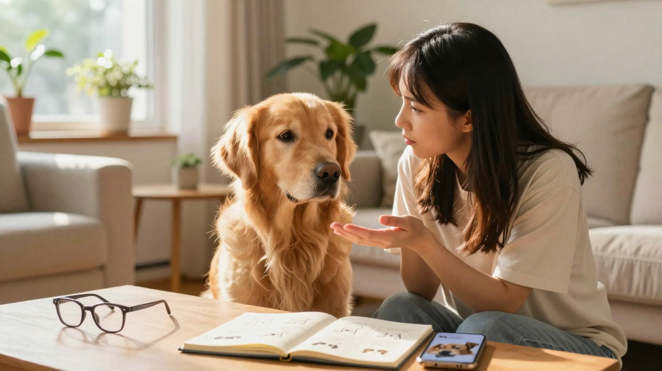 Junge Frau sitzt am Tisch und spricht mit ihrem Golden Retriever, Buch und Smartphone liegen davor.