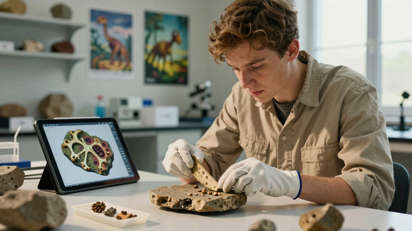 Junger Forscher untersucht Fossilien in Labor mit digitaler Unterstützung auf Tablet und trägt Handschuhe.