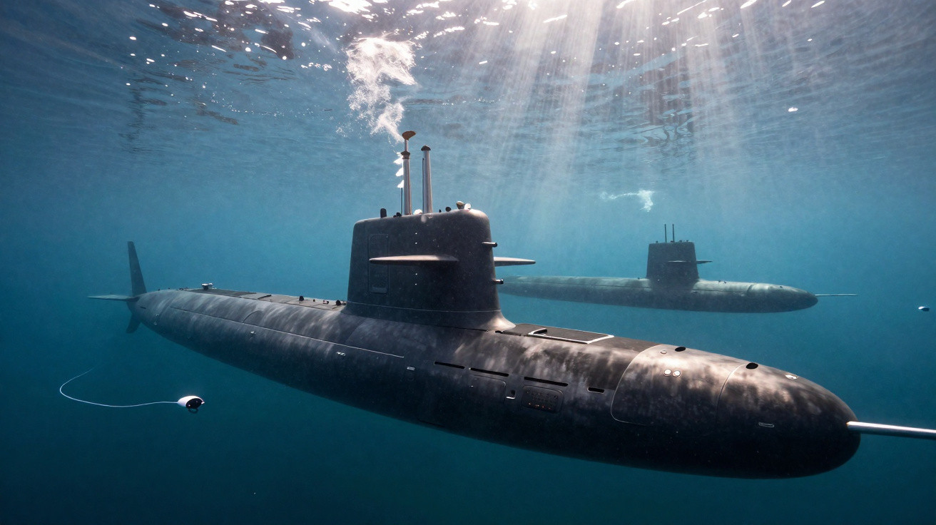 Zwei militärische U-Boote tauchen unter Wasser mit Sonnenstrahlen, die durch die Oberfläche scheinen.