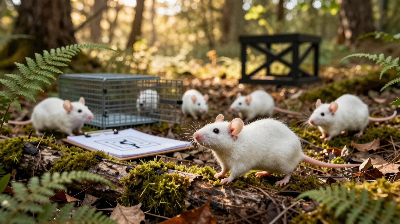 Sechs weiße Mäuse im Wald mit einer geöffneten Lebendfalle und Zeichenblock auf moosbedecktem Boden.