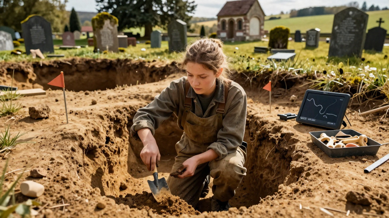 Junge Archäologin gräbt mit Schaufel im Boden eines Grabungssites auf einem Friedhof.