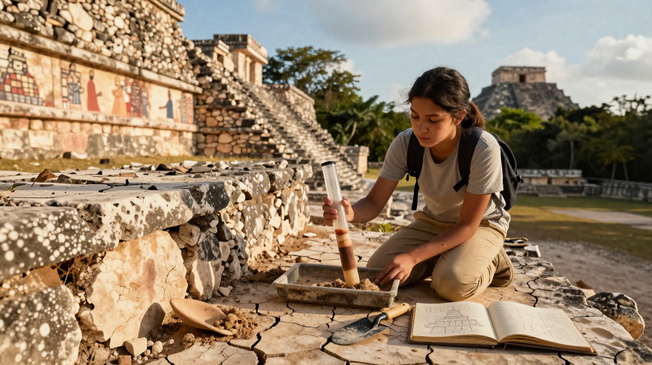 Junge Archäologin untersucht Sedimentschichten bei Ausgrabung an antiker Stätte in Mexiko.
