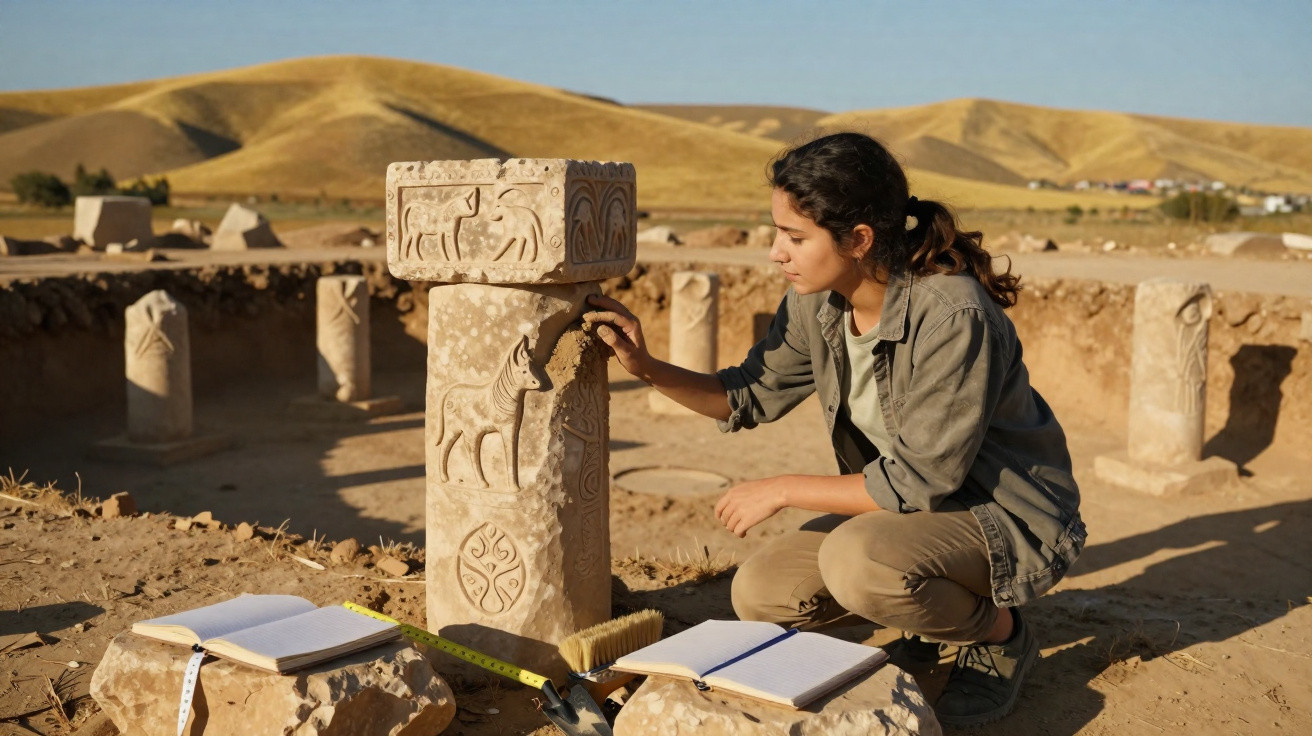 Archäologin untersucht verzierte Säule bei Ausgrabungsstätte in trockener Hügellandschaft