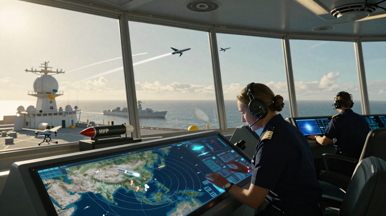 Brücke eines Kriegsschiffs mit zwei Offizieren, die digitale Karten und Flugverkehr über dem Meer überwachen.