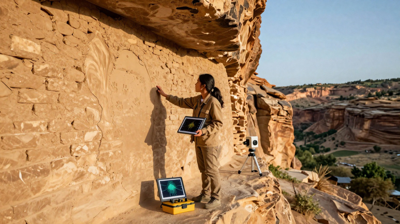 Frau scannt mit Tablet und Kamera Felszeichnungen an einer Sandsteinwand in einer felsigen Landschaft.
