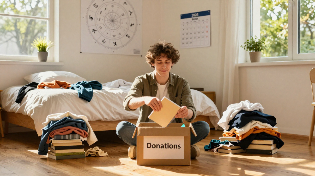 Junger Mann sitzt auf dem Boden und packt Spenden mit Kleidung und Büchern in einen Karton in hellem Zimmer.