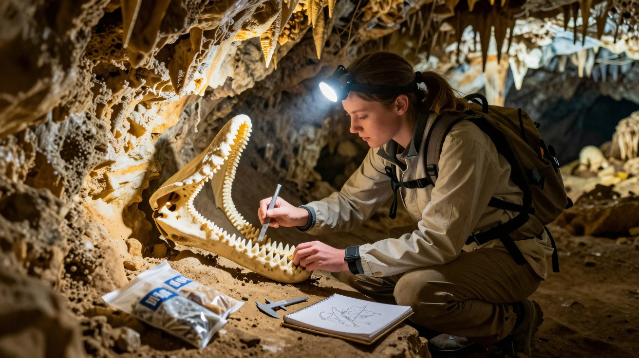 Frau mit Stirnlampe untersucht und skizziert ein großes Krokodilskelett in einer mit Stalaktiten bedeckten Höhle.