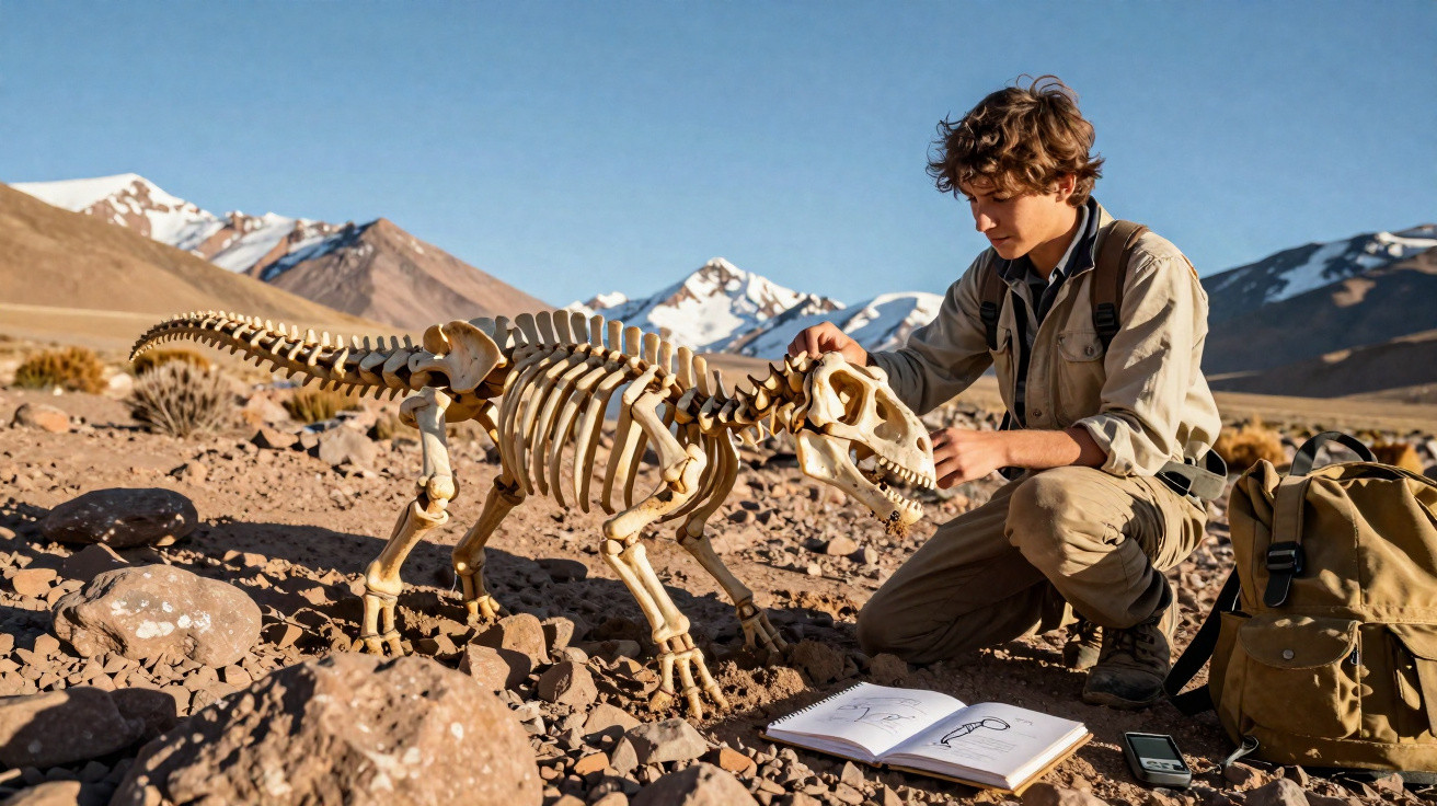 Junger Mann untersucht Dinosaurierskelett in Gebirgslandschaft mit Notizbuch und Rucksack bei sonnigem Wetter.