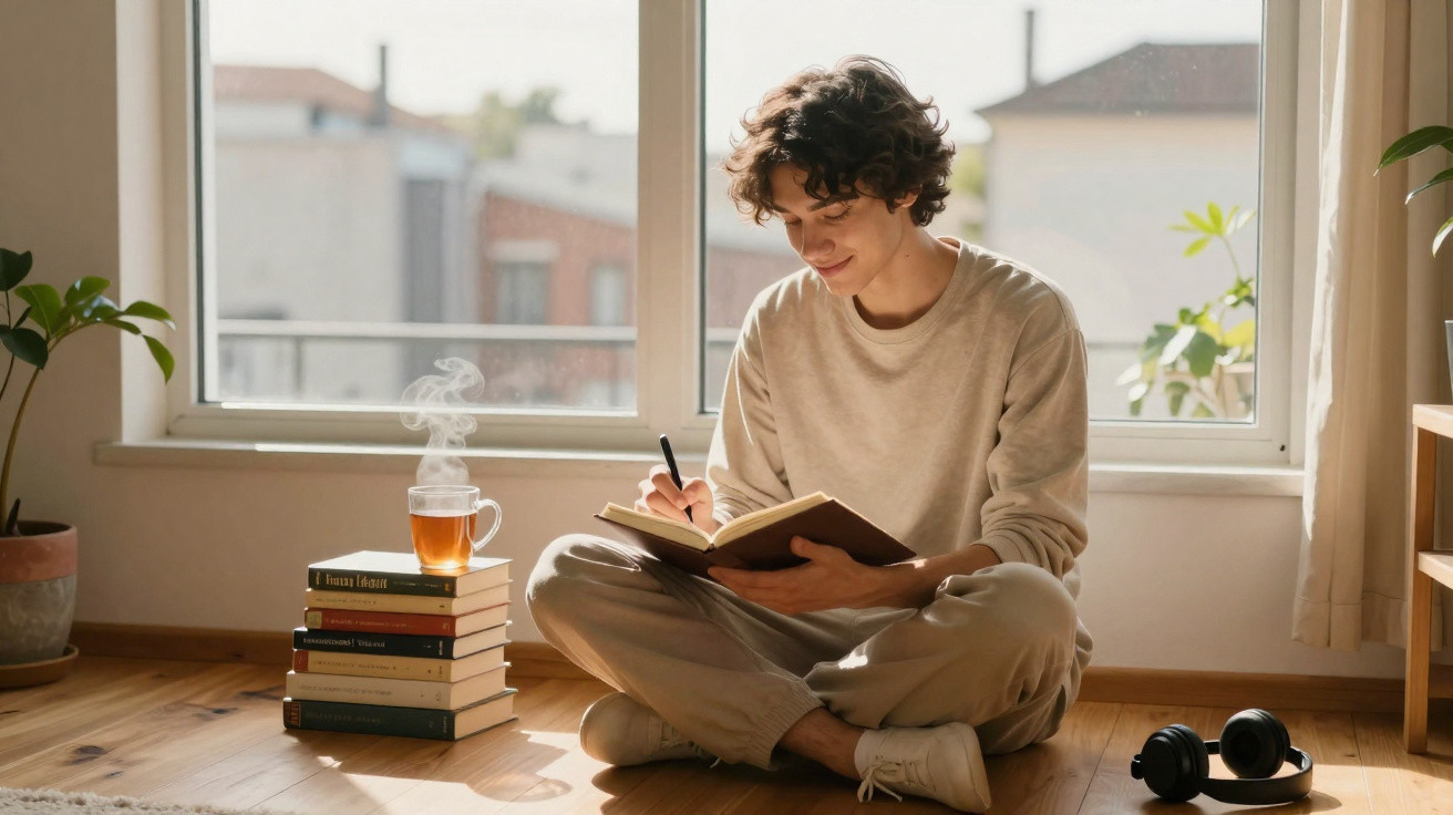 Junger Mann sitzt am Fenster auf dem Boden, schreibt in Notizbuch, daneben dampfender Tee auf Bücherstapel.