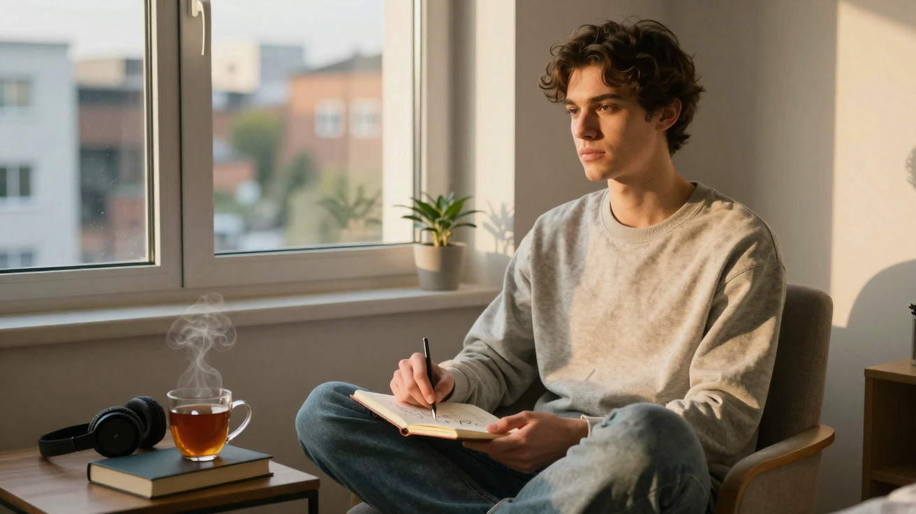 Junger Mann sitzt am Fenster, schreibt in Notizbuch, neben ihm Tee, Kopfhörer und Bücher auf dem Tisch.