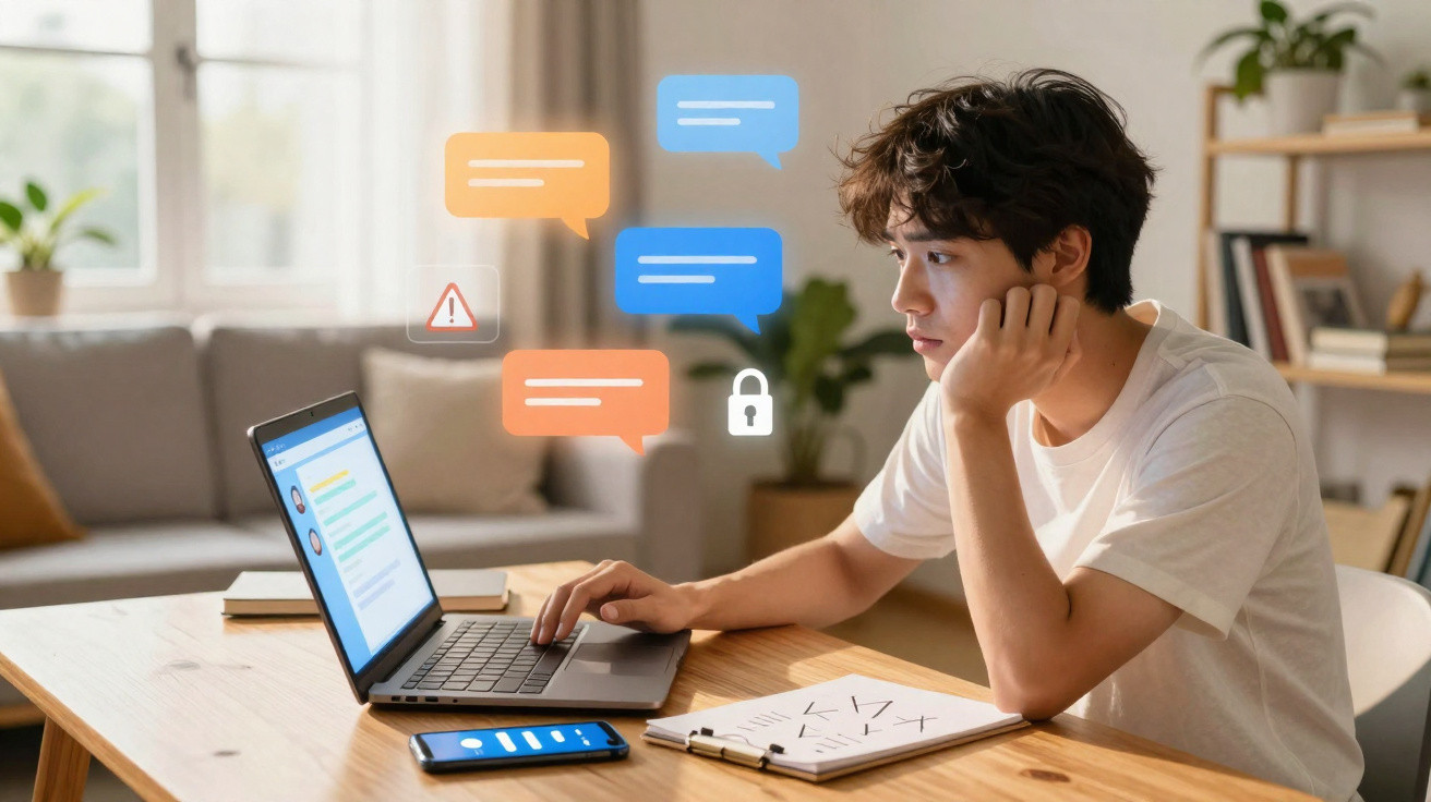 Junger Mann sitzt am Tisch mit Laptop und Smartphone, umgeben von Chat- und Sicherheitssymbolen.