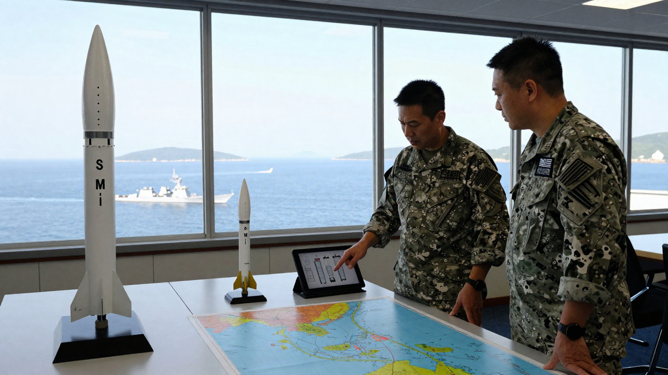 Zwei Militärangehörige vor Modellen von Raketen auf einem Tisch mit Seekarte und Tablet in einem Kontrollraum mit Meerblick.