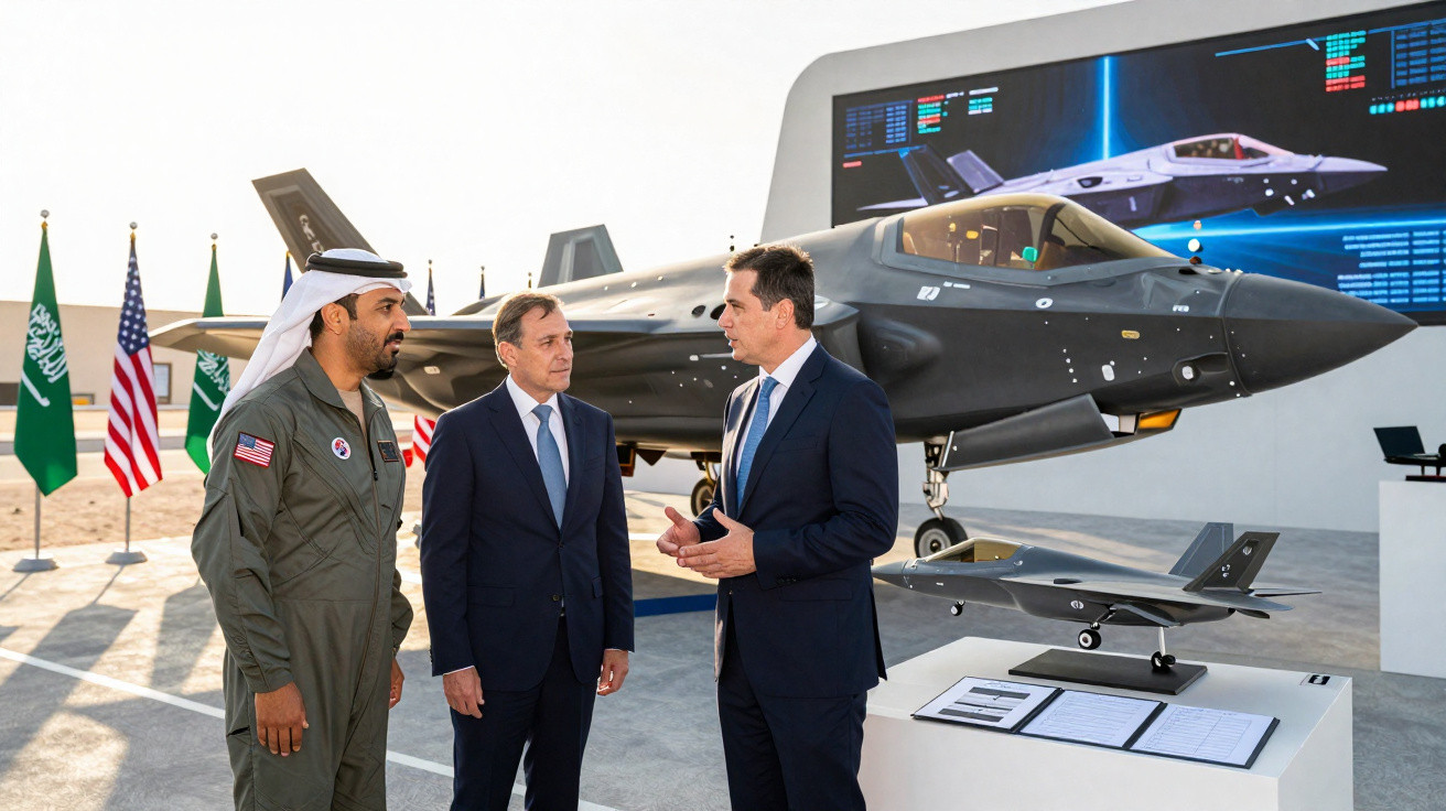 Drei Männer unterhalten sich vor einem Kampfjet und einer Miniaturausführung auf einer Messe im Freien.