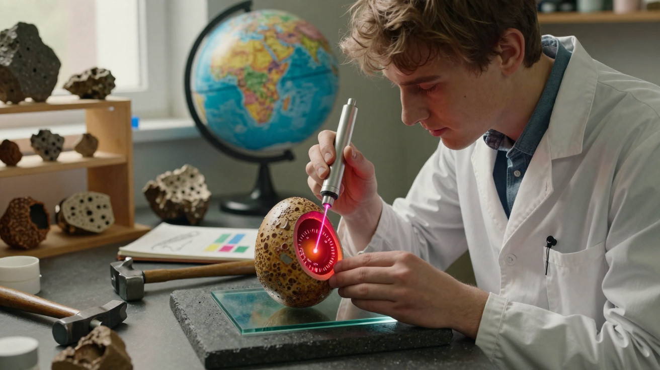 Junger Wissenschaftler untersucht mit Laser ein fossiles Gesteinsstück in einem Labor.