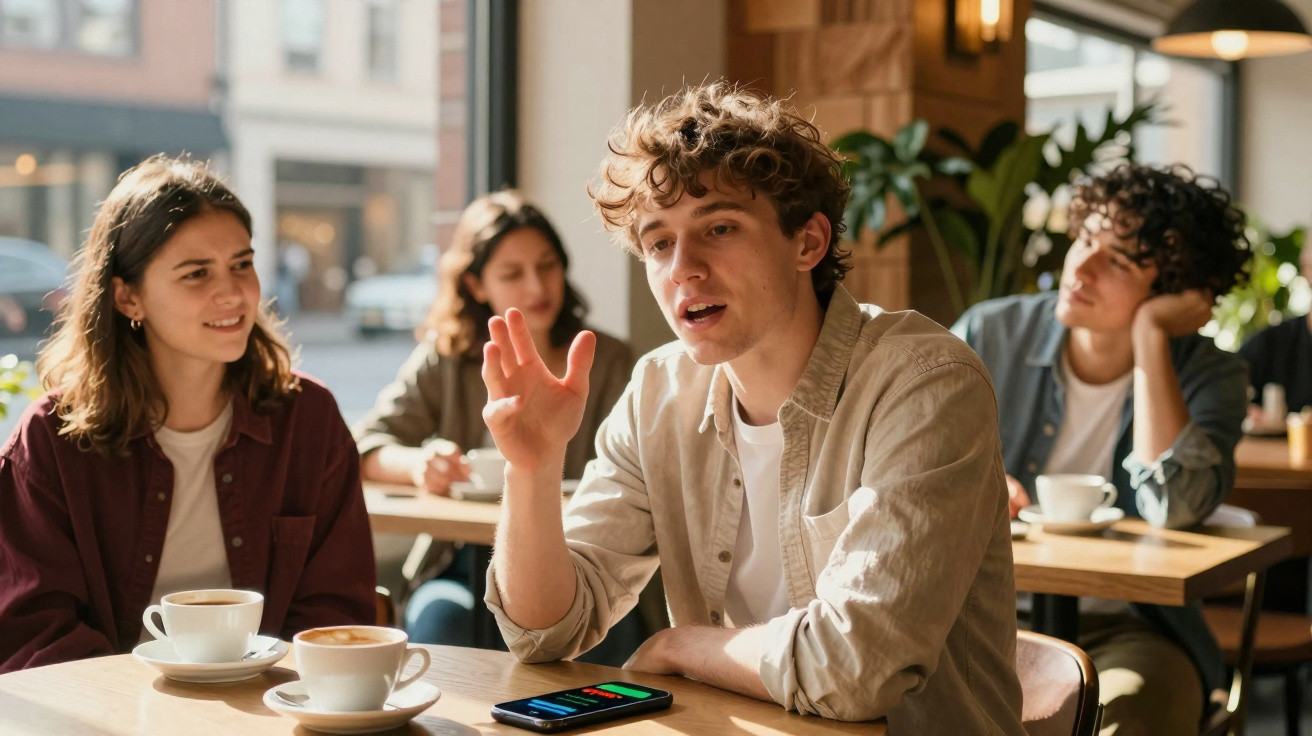 Vier junge Menschen sitzen in einem Café, drei trinken Kaffee, ein Mann gestikuliert beim Gespräch.