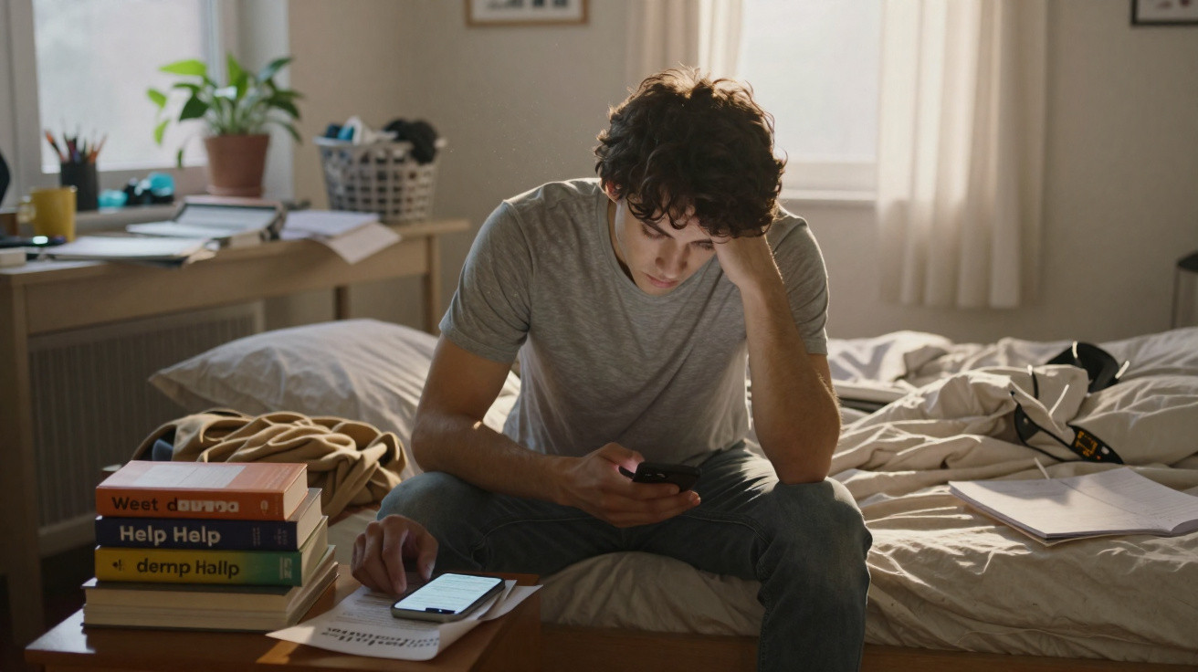 Junger Mann sitzt auf dem Bett und schaut nachdenklich auf sein Smartphone in einem unordentlichen Zimmer.