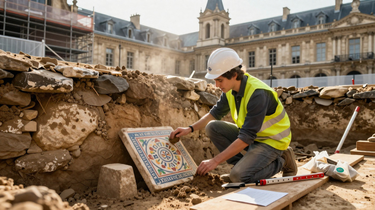 Archäologe mit Schutzhelm entdeckt bunten antiken Fliesenmosaik bei Ausgrabung vor historischem Gebäude.