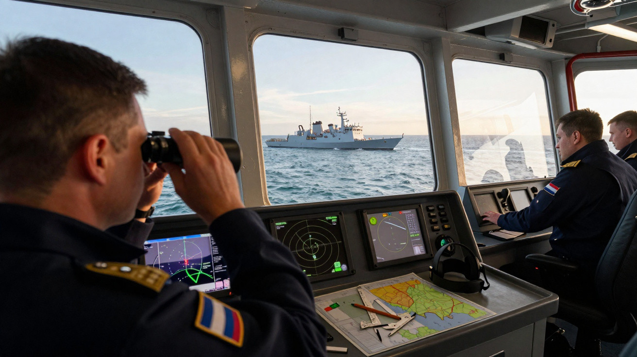 Marineoffiziere überwachen ein Marinegebiet auf einem Schiff mit Fernglas und Radarschirmen vor einem Patrouillenschiff.