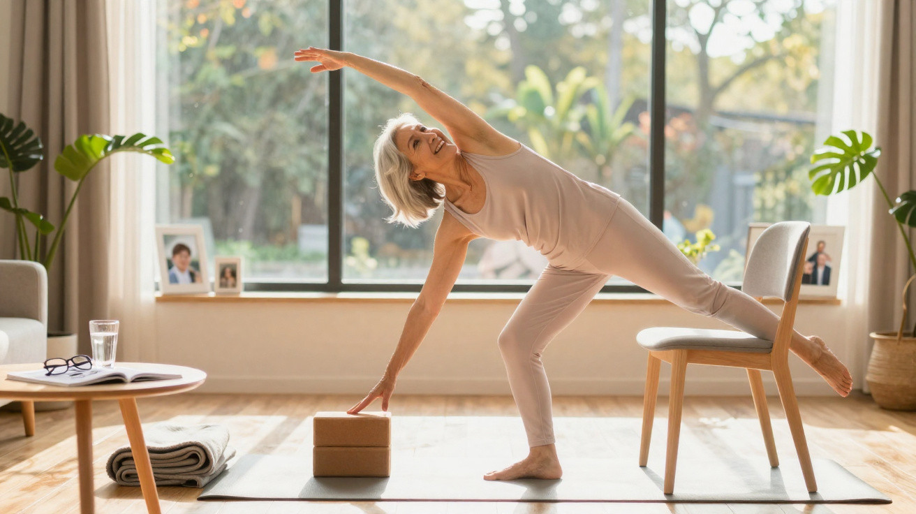 Seniorin macht Yogaübung mit Stuhl und Blöcken in hellem Wohnzimmer mit großem Fenster und Pflanzen.