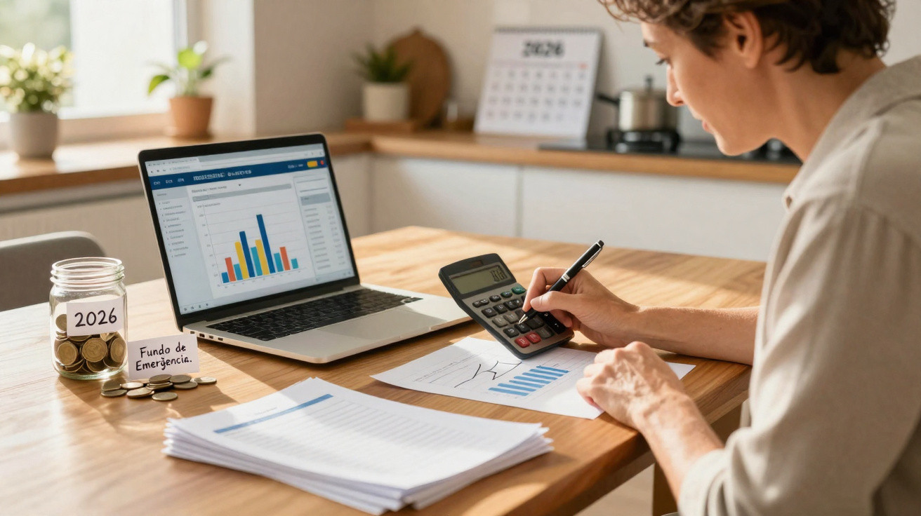 Person am Tisch berechnet Finanzen mit Taschenrechner, Laptop zeigt Balkendiagramm, Glas mit Geld für Notfallfonds 2026.