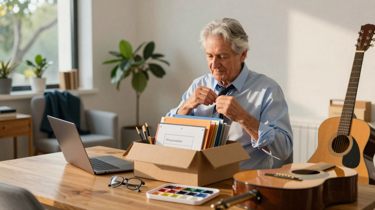 Älterer Mann packt eine Umzugskiste mit Ordnern, umgeben von Gitarre, Laptop und Aquarellfarben.