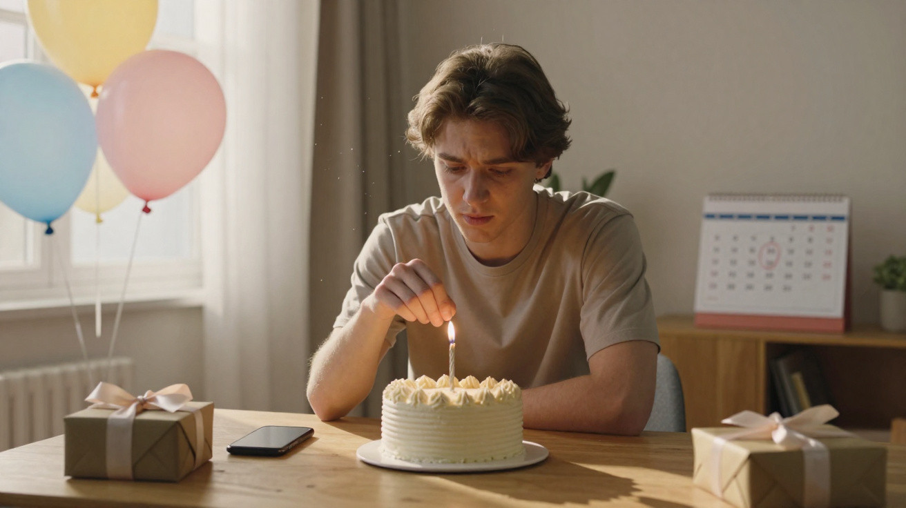 Junger Mann zündet einsame Kerze auf Geburtstagskuchen an, umgeben von Geschenken und Luftballons.