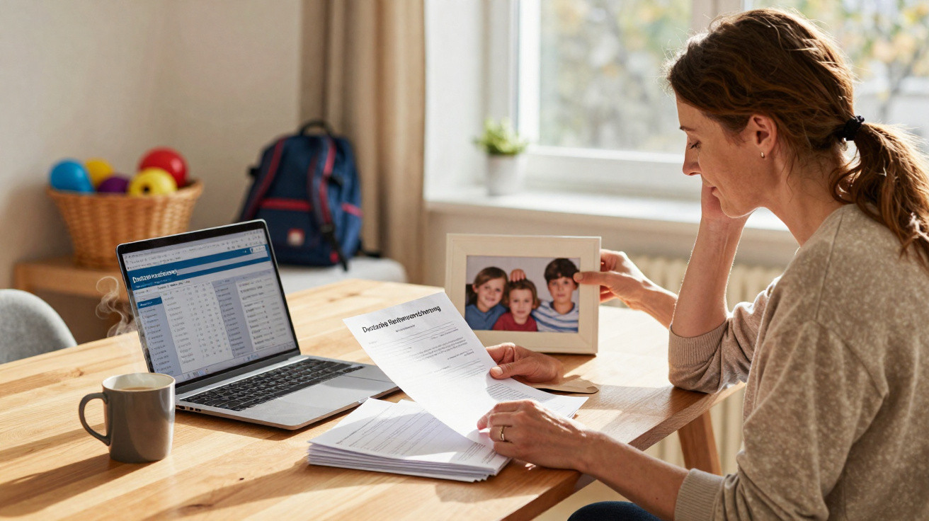 Frau am Tisch arbeitet an Steuerunterlagen mit Laptop und Familienfoto im Hintergrund bei Tageslicht.