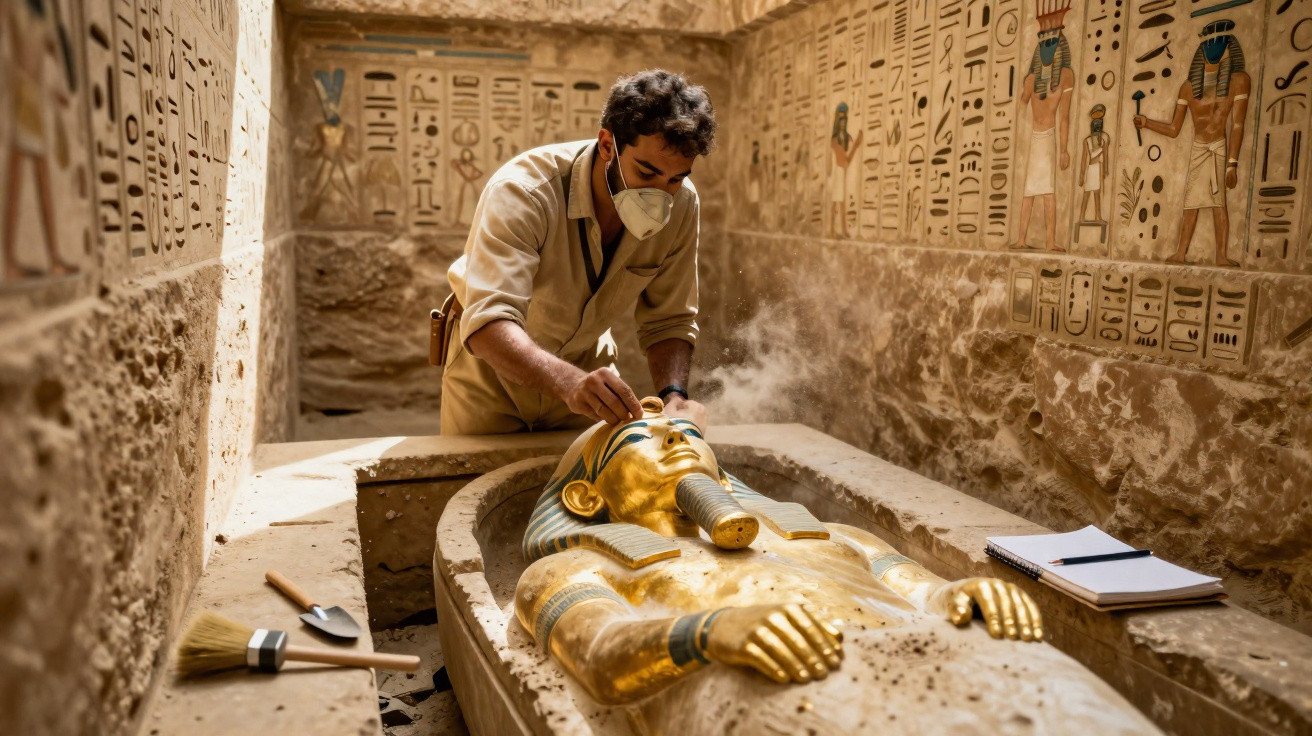 Archäologe restauriert mit Maske einen goldenen Pharaonensarg in einer mit Hieroglyphen verzierten Grabkammer.