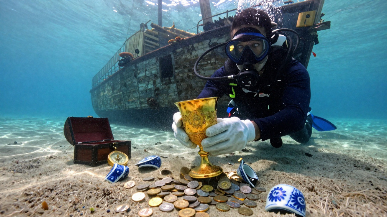 Taucher entdeckt unter Wasser antiken goldenen Pokal, Münzen und Porzellanstücke vor einem gesunkenen Schiff.