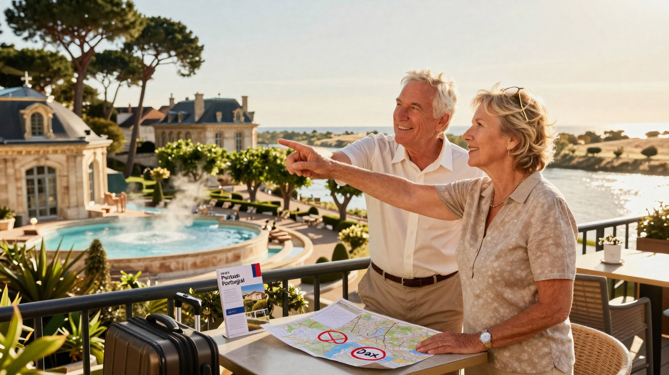 Älteres Ehepaar plant Urlaub auf Terrasse mit Koffer, Landkarte und Blick auf Pool und Landschaft.
