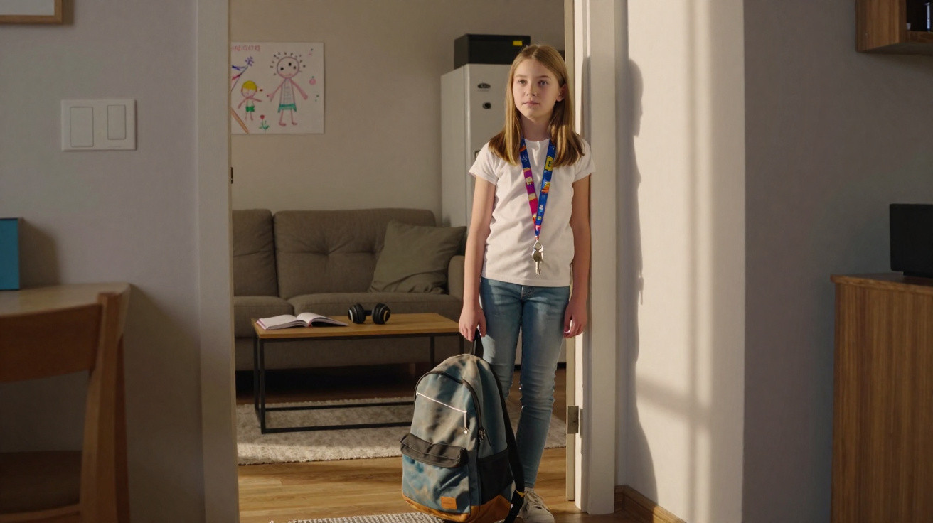 Mädchen mit T-Shirt, Jeans und Medaille steht mit einem Rucksack in der Hand in einem Wohnzimmer.